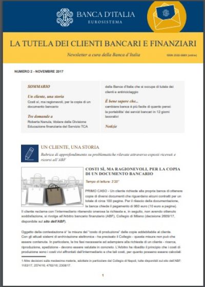 Banca d&#039;Italia: pubblicata la Newsletter n.2 relativa alla tutela dei clienti bancari e finanziari