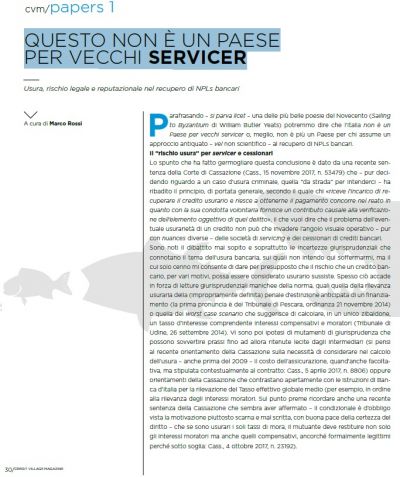 Usura, rischio legale e reputazionale nel recupero di NPLs bancari: interessante articolo dell&#039;Avv. Marco Rossi &quot;Questo non è un paese per vecchi servicer&quot;